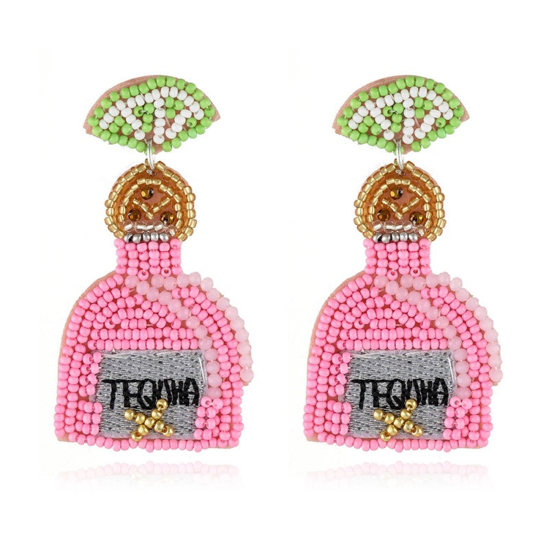 Wholesale Bohemian Handmade Fabric Rice Beads Wine Bottle Flower Earrings